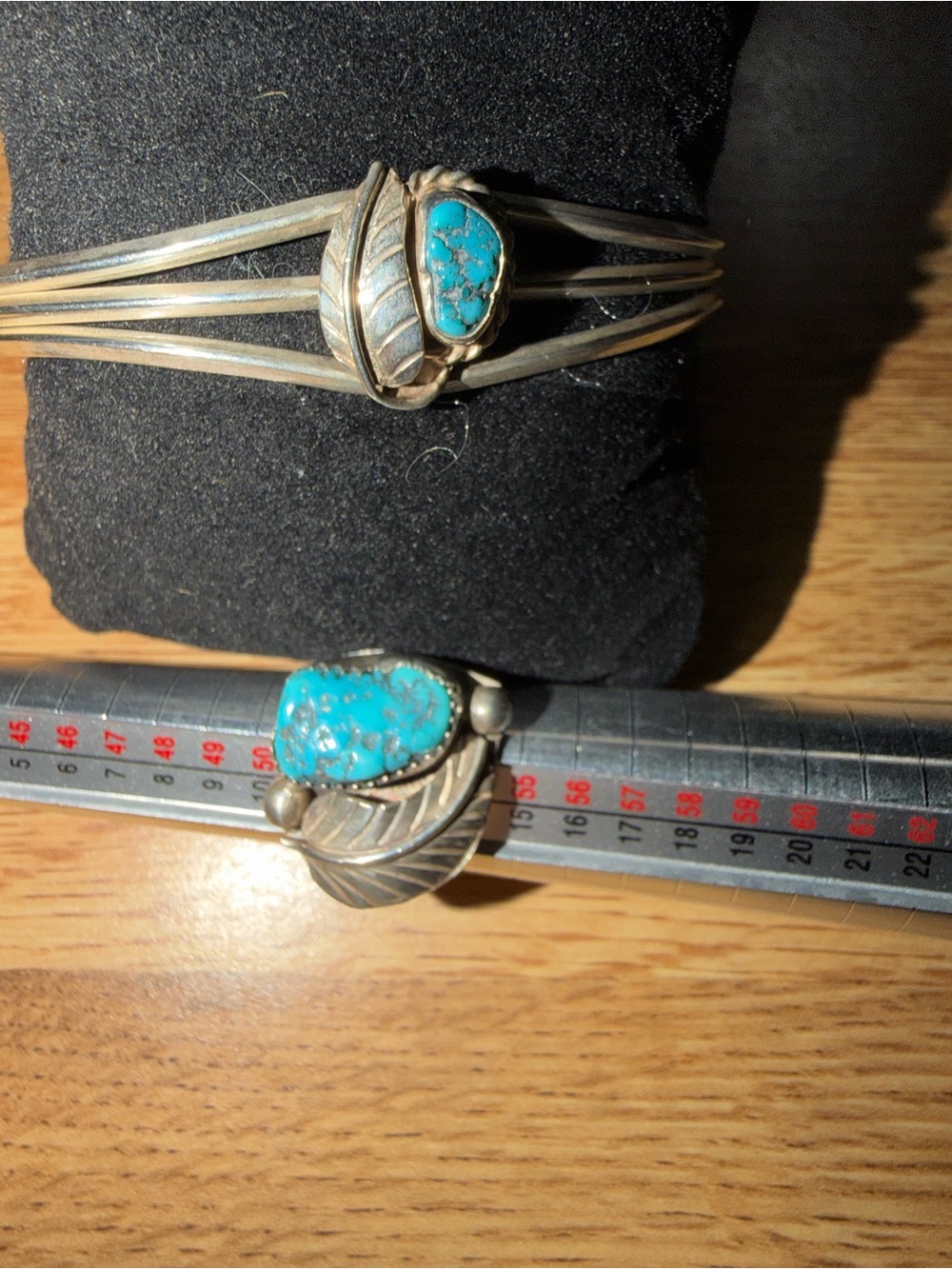 Turquoise Silver Leaf Women's Cuff Bracelet and Ring Set.also925 silver